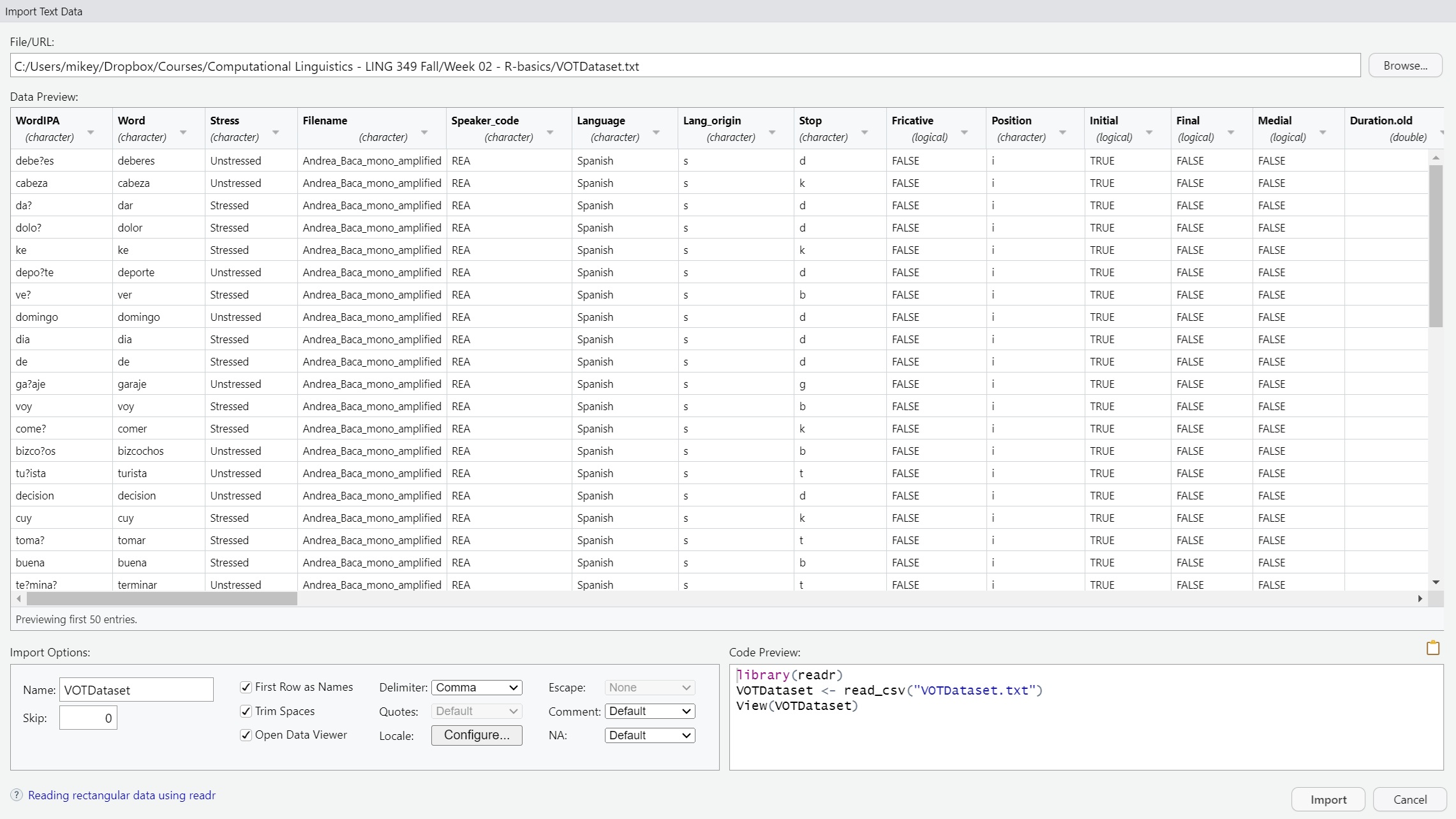 Import text data using read_csv