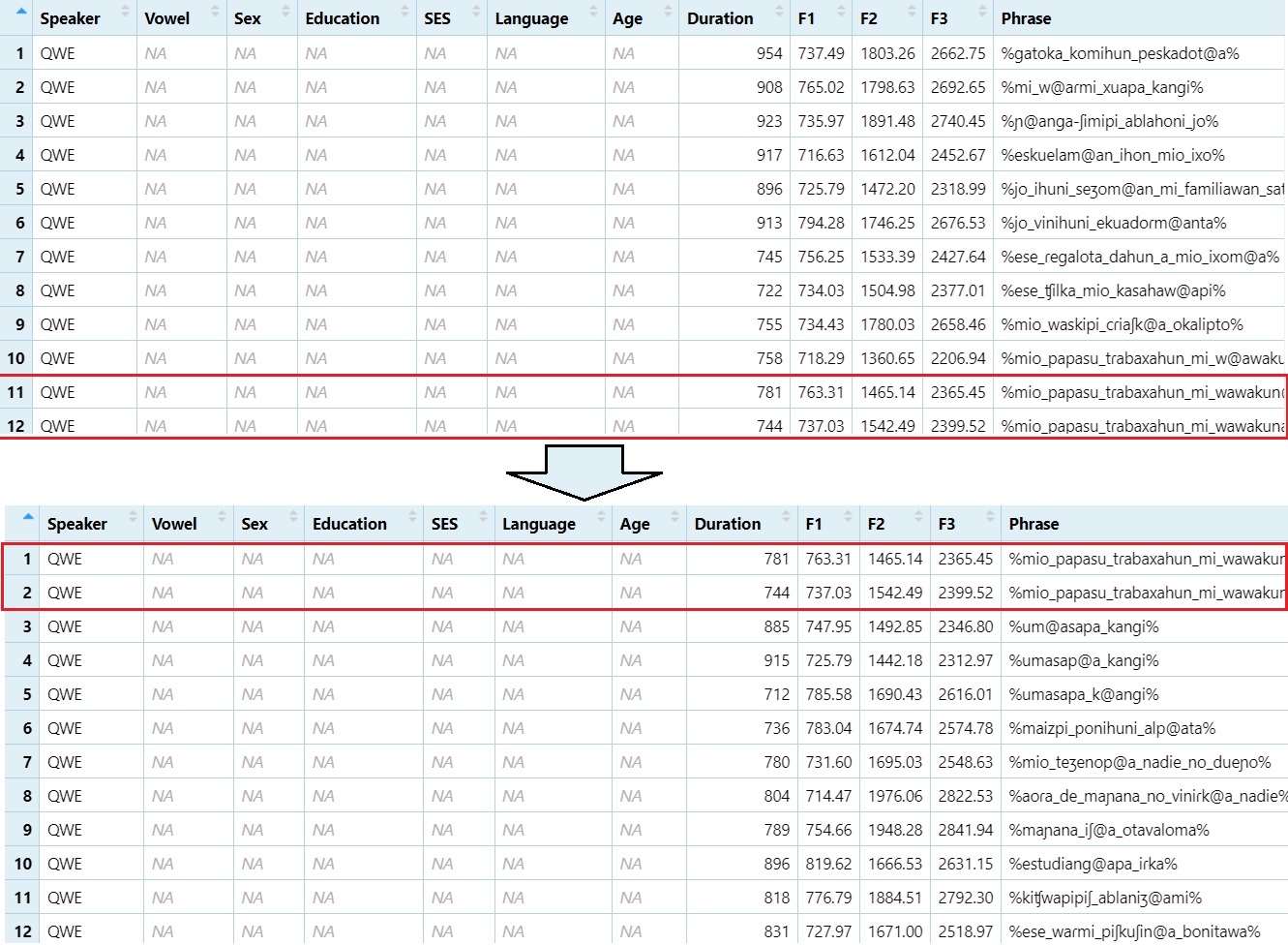 Remove the first 10 rows of `DS`